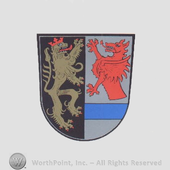 Heraldry: shield, lion, crown, wolf, blue bar.