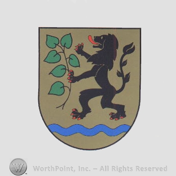 Heraldry: shield, lion, wavy line, brach.