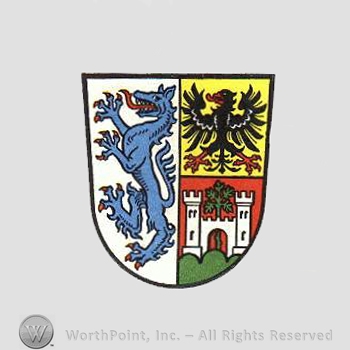 Heraldry: shield, eagle, panther, castle, tree.