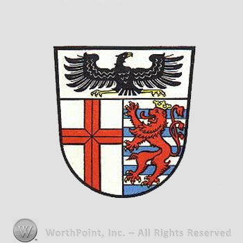 Heraldry: shield, eagle, cross, lion rampant.