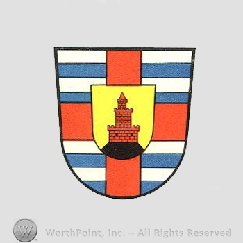 Heraldry: shield, cross, blue lines, castle.