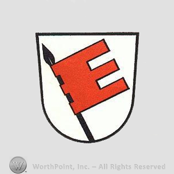 Heraldry: shield, spear, flag.