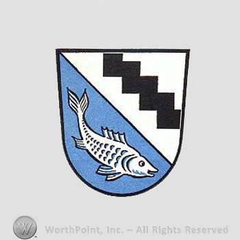 Heraldry: shield, fish, wavy line.