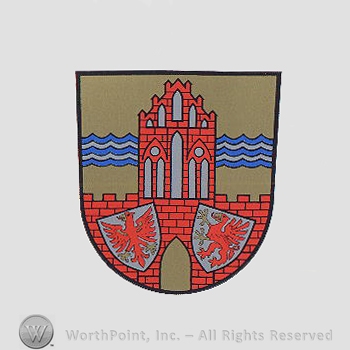 Heraldry: shield, wavy lines, church, eagle, griffin.