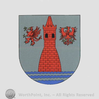 Heraldry: shield, eagle, griffin, tower, wavy lines.