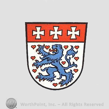Heraldry: shield, crosses, lion rampant, hearts.