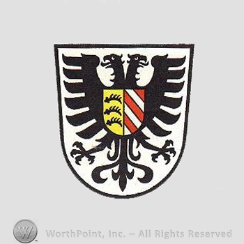 Heraldry: shield, double head eagle, small shield, antlers, red and white bars.