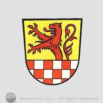 Heraldry: shield, lion, chequered bar.