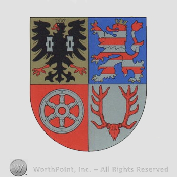 Heraldry: shield, eagle, wheel, lion rampant, crown, antlers.