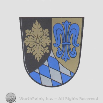 Heraldry: shiled, leaf, fleur-de-lis, diamonds pattern.