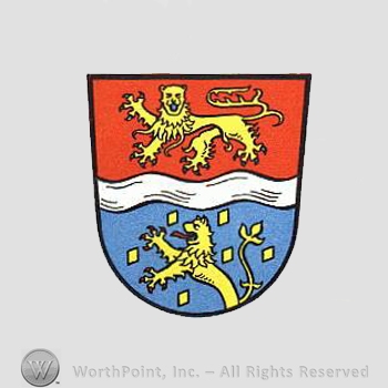 Heraldry:  shield, lions, wavy line, diamonds.