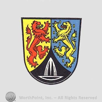 Heraldry: shield, lion, panther, fountain.