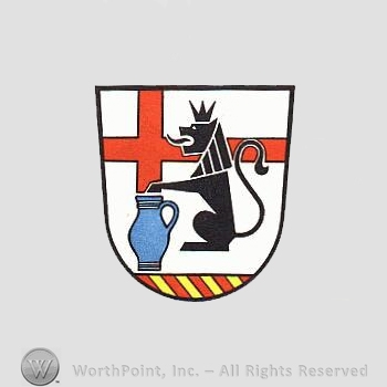 Heraldry: shield, cross, lion, crown, jug.