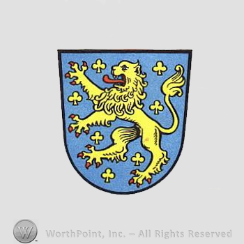 Heraldry: shield, lion rampant, clover leaves.