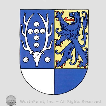 Heraldry: shield, lion, antlers, chequered field.