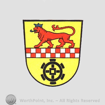 Heraldry: shield, lion, crown, wheel, chequered bar.
