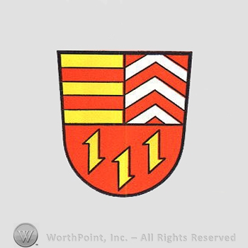 Heraldry: shield, red bars, hooks.