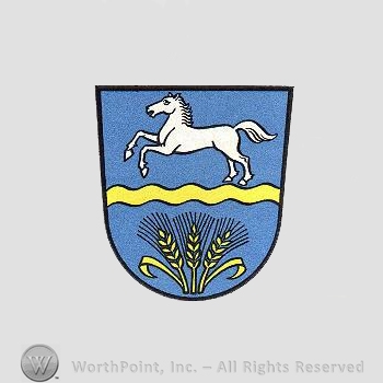 Heraldry: shield, horse, wavy line, wheat spice.