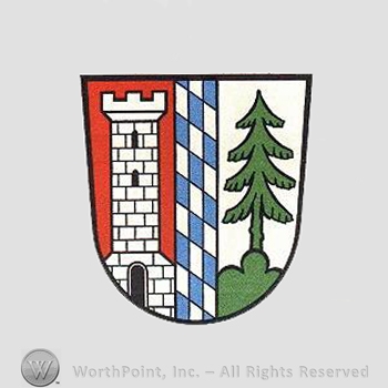 Heraldry: shield, tower, pine tree, chequered bar.