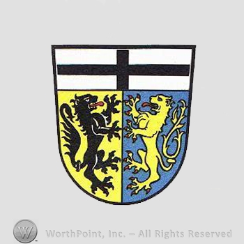 Heraldry: shield, cross, lions.