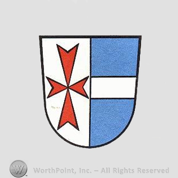 Heraldry: shield, cross, red bar.