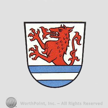 Heraldry: shield, wolf, white and blue lines.