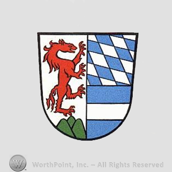 Heraldry: panther, hills, white bar, diamonds pattern.