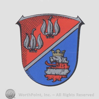 Heraldry: shield, two flowers, lion head , crown.
