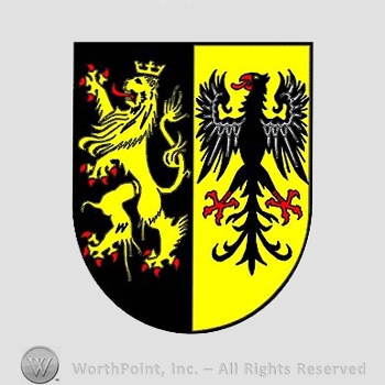 Heraldry: shield, lion rampant, eagle.