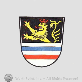 Heraldry: shield, lion, crown, red and blue line.