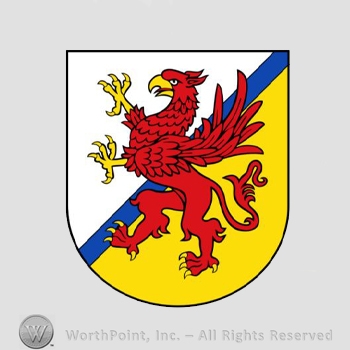 Heraldry: shield, griffin, blue line.
