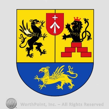 Heraldry: shield, lion, crown, griffins, small shield, bricks, cross, arrow.