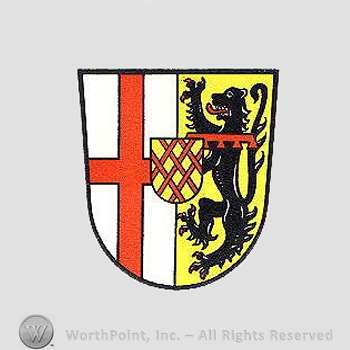 Heraldry: shield, cross, lion, small shield.