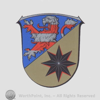 Heraldry: shield, lion rampant, star.