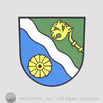 Heraldry: shield, monastery stick, wheel, wavy line.