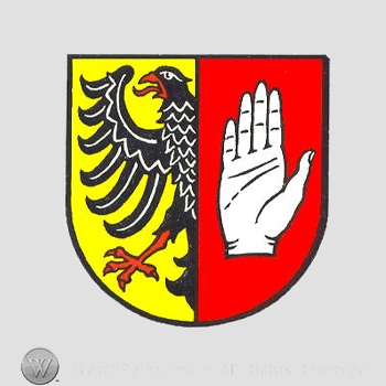 Heraldry: shield, eagle, hand palm.
