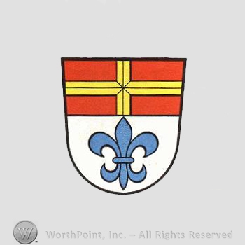 Heraldry: shield, cross, fleur-de-lis.