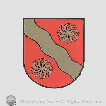 Heraldry: shield, wavy line, wheels.