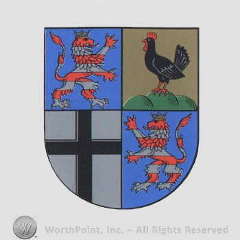 Heraldry: shield, lions, cross, cock, hills.