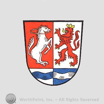 Heraldry: shield, horse, lion rampant, wavy line.