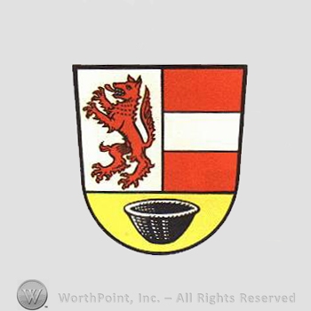Heraldry: shield, wolf, bowl, white bar.