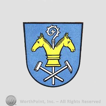 Heraldry: shield, horse heads, monastery stick, hammers.