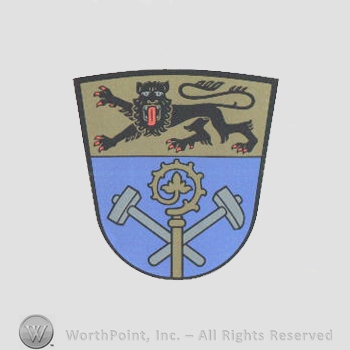 Heraldry: lion, shield, hammers, crosier.