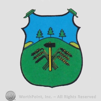 Heraldry: shield, hammer, wheat, pine trees, hills.