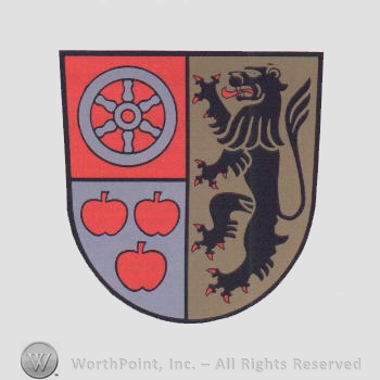 Heraldry: shield, lion, wheel, three apples.