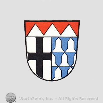 Heraldry: shield, cross, dents, bells.
