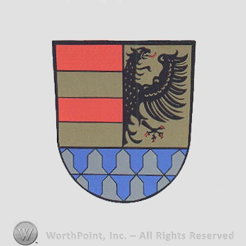 Heraldry: shield, eagle, red bars, small bells.