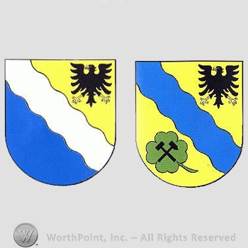 Heraldry: two shields, wavy lines, eagles, hammers, clover leaf.