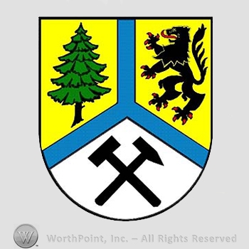Heraldry: shield, pine tree, lion, hammers, blue lines.