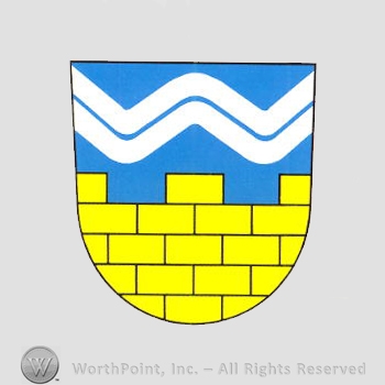 Heraldry: shield, brick wall, wavy white lines.